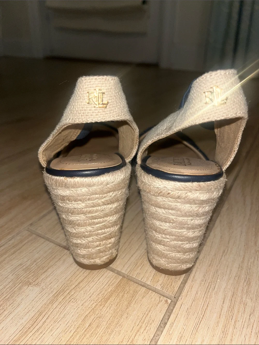 Ralph Lauren Navy and Natural Espadrille Wedge Sandals